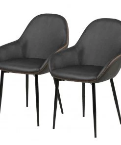 Ars manufacti Armlehnenstuhl Kia (2er-Set) - Kunstleder / Metall - Dunkelgrau / Schwarz