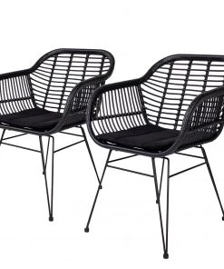 Naturoo Armlehnenstuhl Corduroy (2er-Set) - (inkl. Sitzkissen) - Rattan / Metall - Rattan / Schwarz