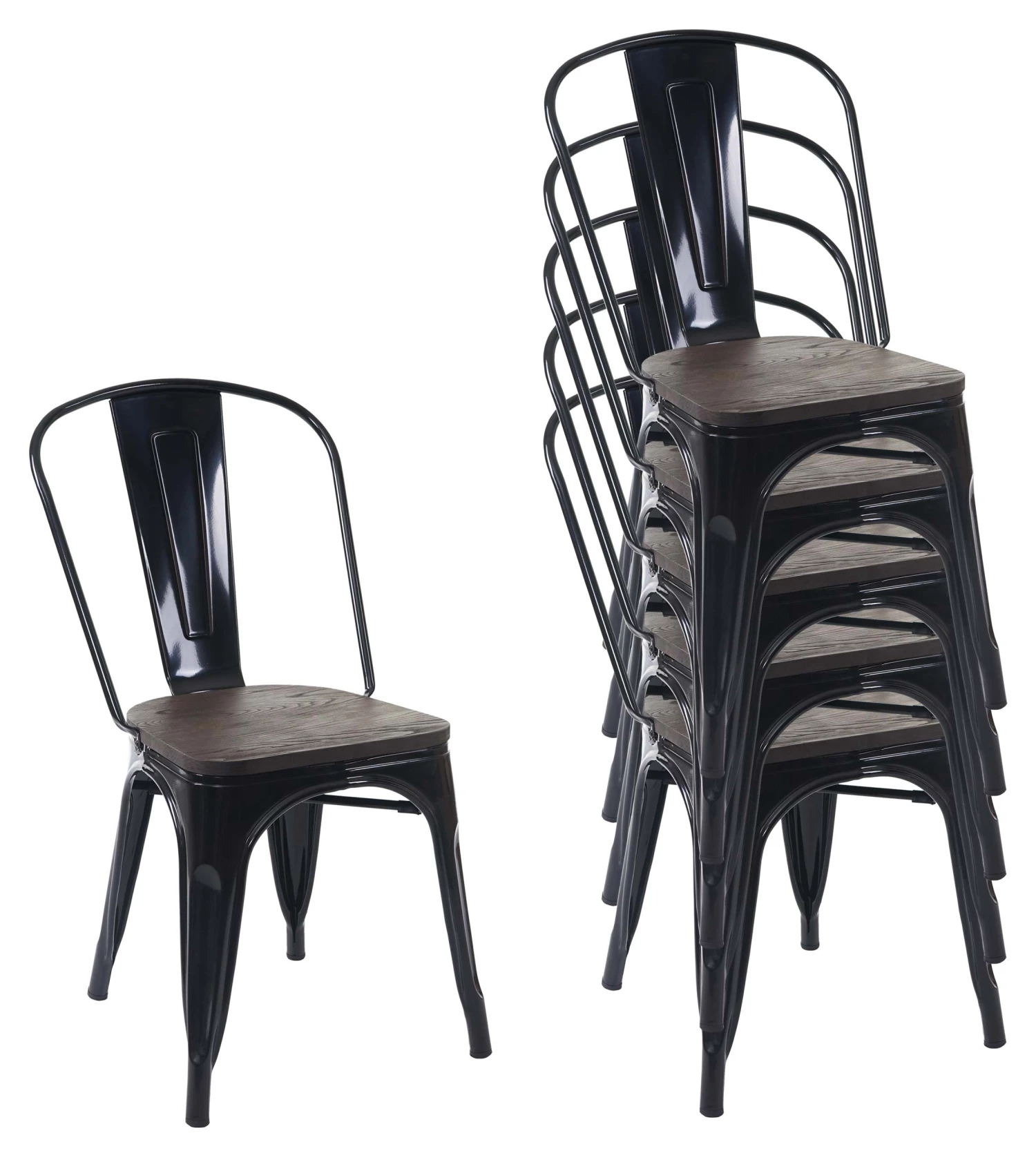 Stuhl HWC-A73 Holz-Sitzfläche (6er Set) - Braun - Schwarz 1 Stuhl HWC-A73 Holz-Sitzfläche (6er Set) - Braun - Schwarz